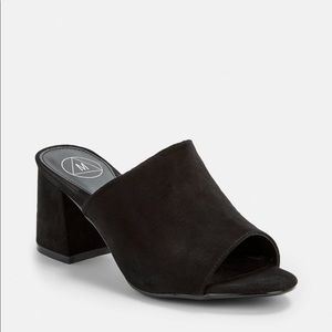 black faux suede mid flared heel peep toe mules